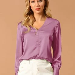 Allegra K Women’s Satin Long Sleeve V-Neck Shirt Elegant Work Solid Blouse Shirt