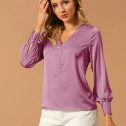 Allegra K Women’s Satin Long Sleeve V-Neck Shirt Elegant Work Solid Blouse Shirt
