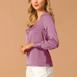 Allegra K Women’s Satin Long Sleeve V-Neck Shirt Elegant Work Solid Blouse Shirt