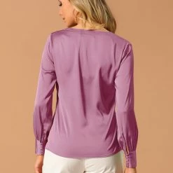 Allegra K Women’s Satin Long Sleeve V-Neck Shirt Elegant Work Solid Blouse Shirt