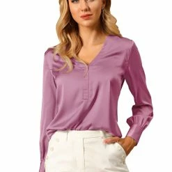 Allegra K Women’s Satin Long Sleeve V-Neck Shirt Elegant Work Solid Blouse Shirt
