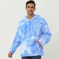Allegra K Men's Tie Dye Hoodie Drawstring Printed Pullover Sherpa Fleece Sweatshirt