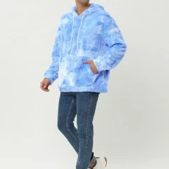 Allegra K Men's Tie Dye Hoodie Drawstring Printed Pullover Sherpa Fleece Sweatshirt
