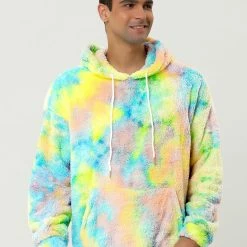 Allegra K Men's Tie Dye Hoodie Drawstring Printed Pullover Sherpa Fleece Sweatshirt