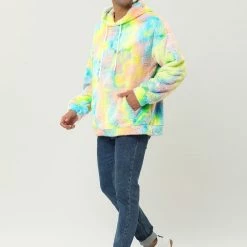 Allegra K Men's Tie Dye Hoodie Drawstring Printed Pullover Sherpa Fleece Sweatshirt