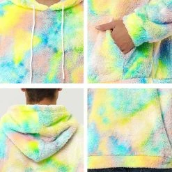Allegra K Men's Tie Dye Hoodie Drawstring Printed Pullover Sherpa Fleece Sweatshirt