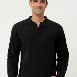 Allegra K Men's Linen Henley Shirts Collar Button Casual Long Sleeve T-Shirts