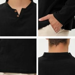 Allegra K Men's Linen Henley Shirts Collar Button Casual Long Sleeve T-Shirts