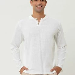 Allegra K Men's Linen Henley Shirts Collar Button Casual Long Sleeve T-Shirts