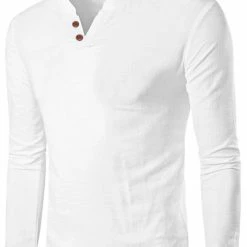 Allegra K Men's Linen Henley Shirts Collar Button Casual Long Sleeve T-Shirts