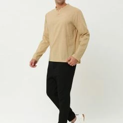 Allegra K Men's Linen Henley Shirts Collar Button Casual Long Sleeve T-Shirts