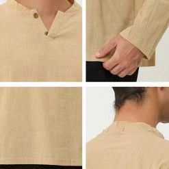 Allegra K Men's Linen Henley Shirts Collar Button Casual Long Sleeve T-Shirts