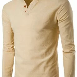 Allegra K Men's Linen Henley Shirts Collar Button Casual Long Sleeve T-Shirts