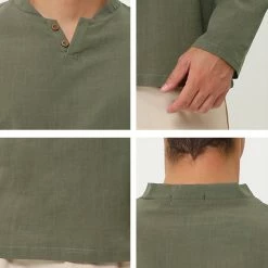 Allegra K Men's Linen Henley Shirts Collar Button Casual Long Sleeve T-Shirts