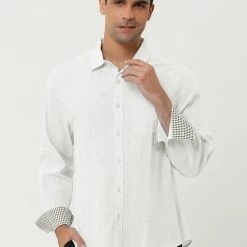 Allegra K Men's Contrast Color Plaid Collar Button Down Long Sleeves Office Dress Shirt