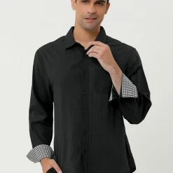 Allegra K Men's Contrast Color Plaid Collar Button Down Long Sleeves Office Dress Shirt