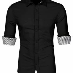 Allegra K Men's Contrast Color Plaid Collar Button Down Long Sleeves Office Dress Shirt