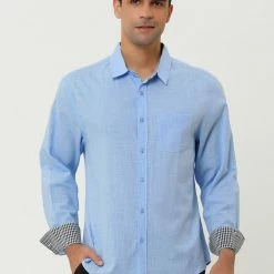 Allegra K Men's Contrast Color Plaid Collar Button Down Long Sleeves Office Dress Shirt