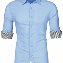 Allegra K Men's Contrast Color Plaid Collar Button Down Long Sleeves Office Dress Shirt
