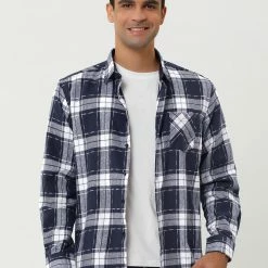 Allegra K Men's Plaid Flannel Shirt Brushed Casual Long Sleeve Button Down Check Shirt