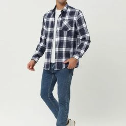 Allegra K Men's Plaid Flannel Shirt Brushed Casual Long Sleeve Button Down Check Shirt