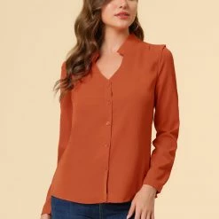 Allegra K Women's Elegant V Neck Work Office Button Up Shirt