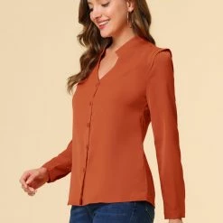 Allegra K Women's Elegant V Neck Work Office Button Up Shirt