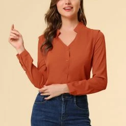 Allegra K Women's Elegant V Neck Work Office Button Up Shirt