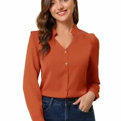 Allegra K Women's Elegant V Neck Work Office Button Up Shirt