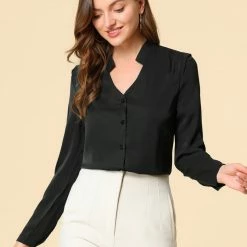 Allegra K Women's Elegant V Neck Work Office Button Up Shirt