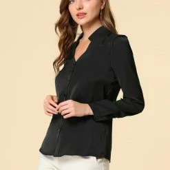Allegra K Women's Elegant V Neck Work Office Button Up Shirt