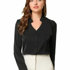 Allegra K Women's Elegant V Neck Work Office Button Up Shirt