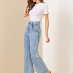 Allegra K Women’s Wide Leg Casual High Waist Denim Long Pants Trousers