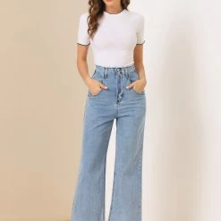 Allegra K Women’s Wide Leg Casual High Waist Denim Long Pants Trousers