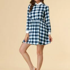 Allegra K Women's Plaid Long Sleeve Half Placket Contrast Point Collar Shirt Dress