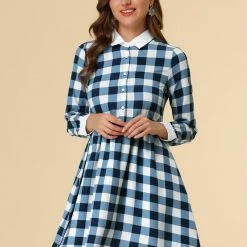 Allegra K Women's Plaid Long Sleeve Half Placket Contrast Point Collar Shirt Dress