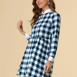 Allegra K Women's Plaid Long Sleeve Half Placket Contrast Point Collar Shirt Dress
