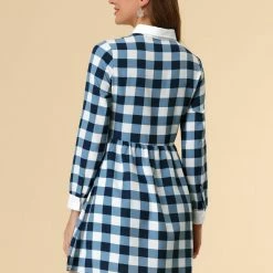 Allegra K Women's Plaid Long Sleeve Half Placket Contrast Point Collar Shirt Dress