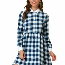 Allegra K Women's Plaid Long Sleeve Half Placket Contrast Point Collar Shirt Dress