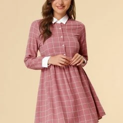 Allegra K Women's Plaid Long Sleeve Half Placket Contrast Point Collar Shirt Dress