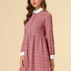 Allegra K Women's Plaid Long Sleeve Half Placket Contrast Point Collar Shirt Dress