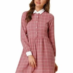 Allegra K Women's Plaid Long Sleeve Half Placket Contrast Point Collar Shirt Dress