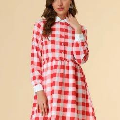 Allegra K Women's Plaid Long Sleeve Half Placket Contrast Point Collar Shirt Dress