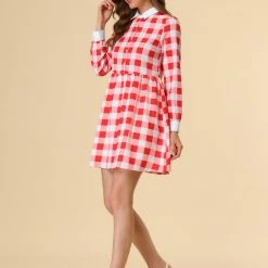 Allegra K Women's Plaid Long Sleeve Half Placket Contrast Point Collar Shirt Dress