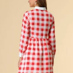 Allegra K Women's Plaid Long Sleeve Half Placket Contrast Point Collar Shirt Dress