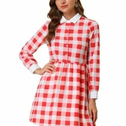 Allegra K Women's Plaid Long Sleeve Half Placket Contrast Point Collar Shirt Dress