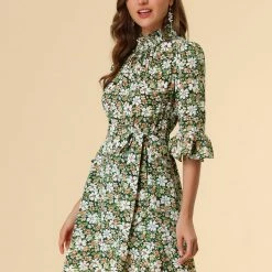 Allegra K Women's Floral 3/4 Bell Sleeve Smocked Belted Flare Ruffle Dress