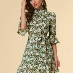 Allegra K Women's Floral 3/4 Bell Sleeve Smocked Belted Flare Ruffle Dress