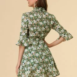 Allegra K Women's Floral 3/4 Bell Sleeve Smocked Belted Flare Ruffle Dress