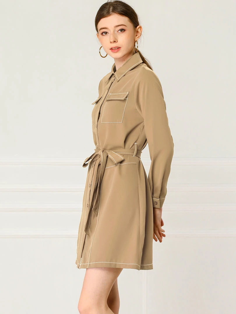 Allegra K Contrast Stitch Button Up Belted Long Sleeves Shirt Dress 23 Allegra K Contrast Stitch Button Up Belted Long Sleeves Shirt Dress